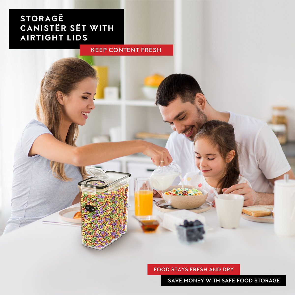 Cereal Airtight Food Storage Containers For Flour & Sugar Including 1 Marker & 8 Labels (Set of 4)